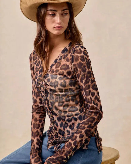 BiBi Leopard Printed Mesh Shirt With Button Up V Neck - Sleekdenim.com