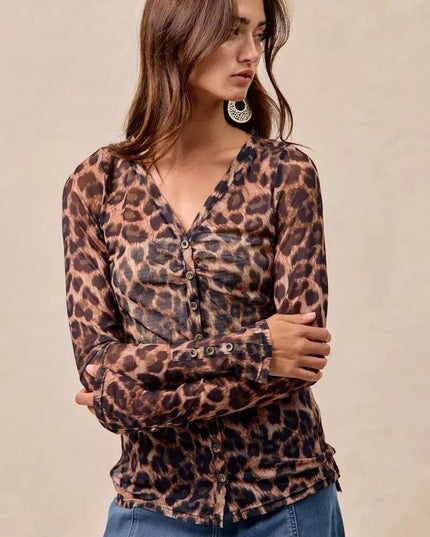 BiBi Leopard Printed Mesh Shirt With Button Up V Neck - Sleekdenim.com