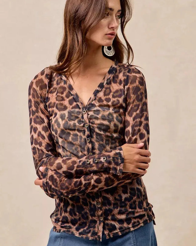 BiBi Leopard Printed Mesh Shirt With Button Up V Neck - Sleekdenim.com