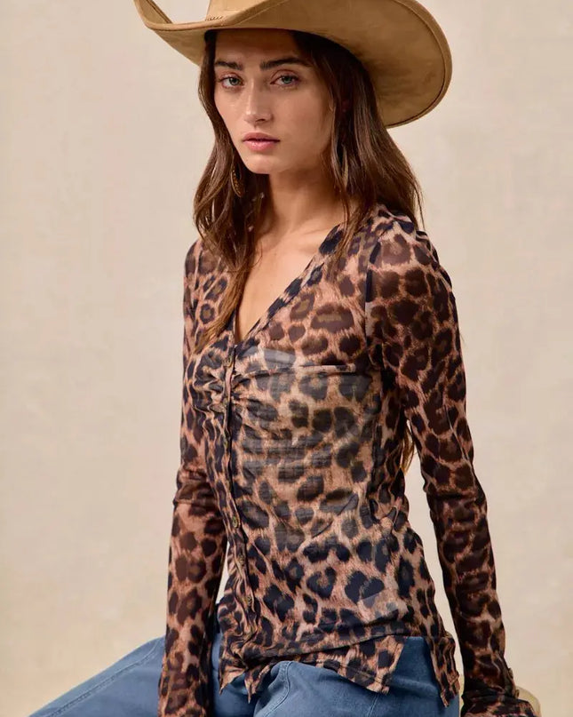 BiBi Leopard Printed Mesh Shirt With Button Up V Neck - Sleekdenim.com