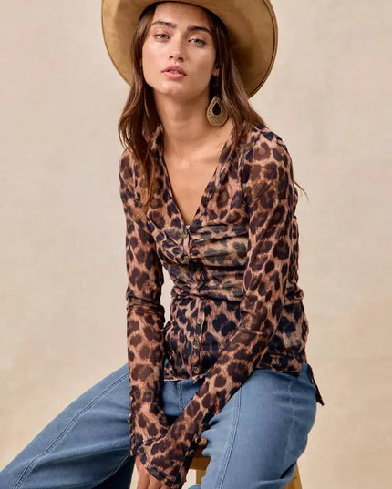 BiBi Leopard Printed Mesh Shirt With Button Up V Neck - Sleekdenim.com