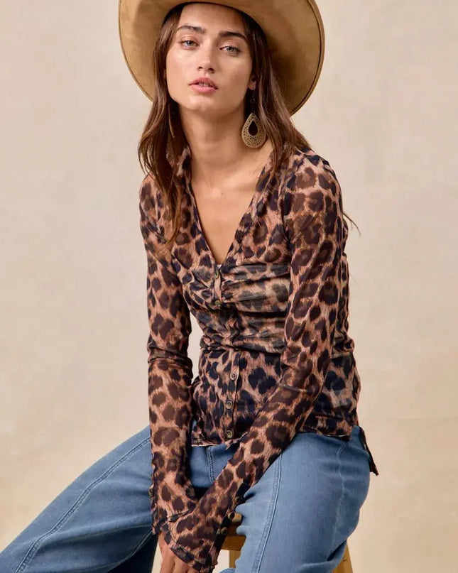 BiBi Leopard Printed Mesh Shirt With Button Up V Neck - Sleekdenim.com
