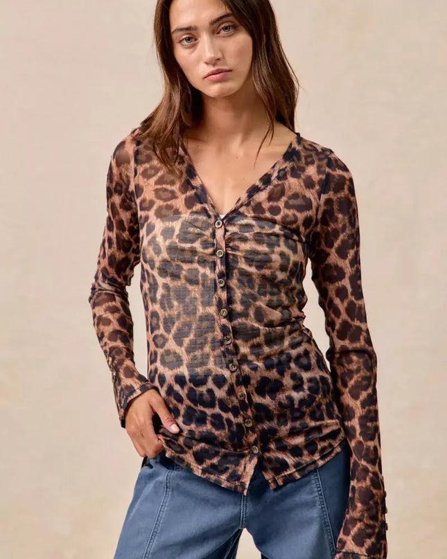 BiBi Leopard Printed Mesh Shirt With Button Up V Neck - Sleekdenim.com