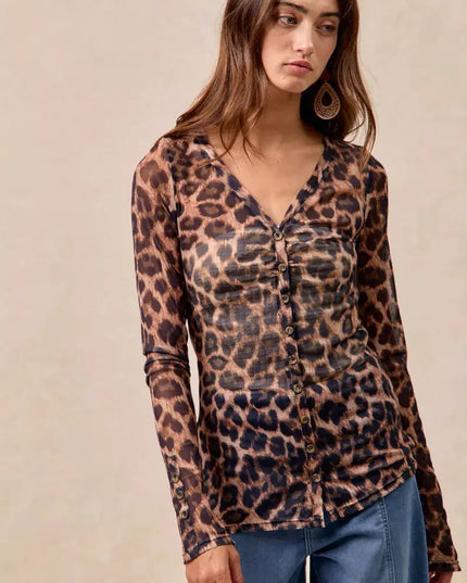 BiBi Leopard Printed Mesh Shirt With Button Up V Neck - Sleekdenim.com