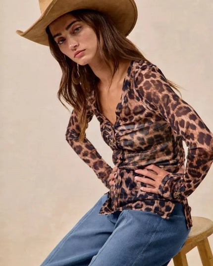 BiBi Leopard Printed Mesh Shirt With Button Up V Neck - Sleekdenim.com