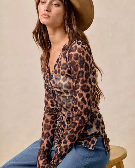 BiBi Leopard Printed Mesh Shirt With Button Up V Neck - Sleekdenim.com