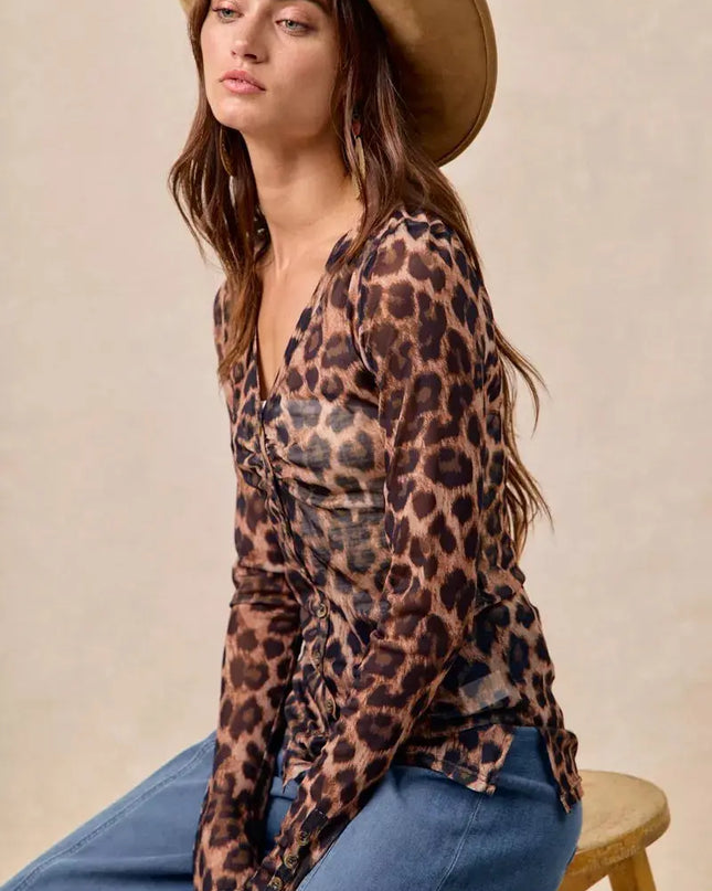 BiBi Leopard Printed Mesh Shirt With Button Up V Neck - Sleekdenim.com