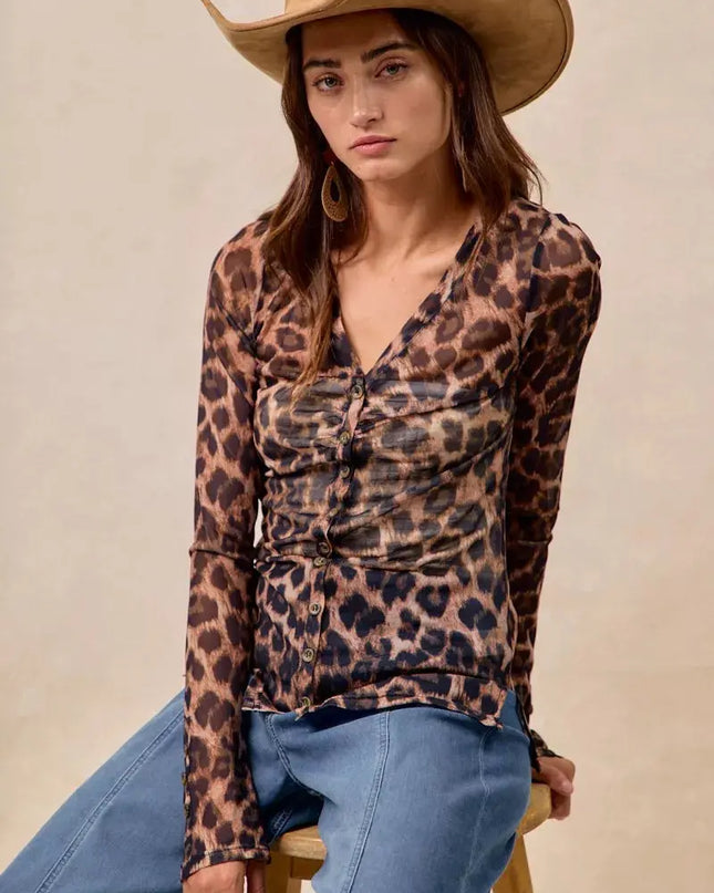 BiBi Leopard Printed Mesh Shirt With Button Up V Neck - Sleekdenim.com