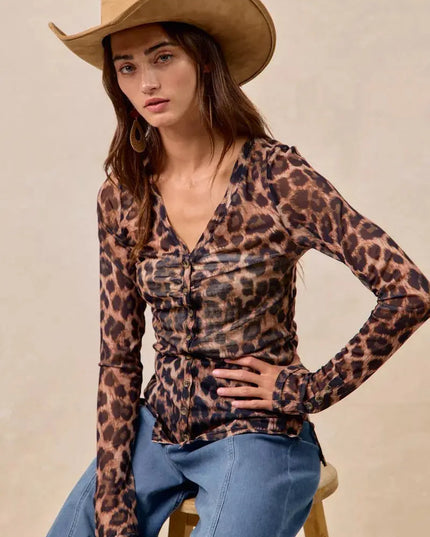 BiBi Leopard Printed Mesh Shirt With Button Up V Neck - Sleekdenim.com