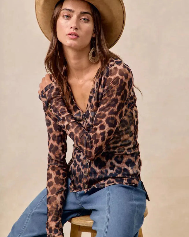 BiBi Leopard Printed Mesh Shirt With Button Up V Neck - Sleekdenim.com