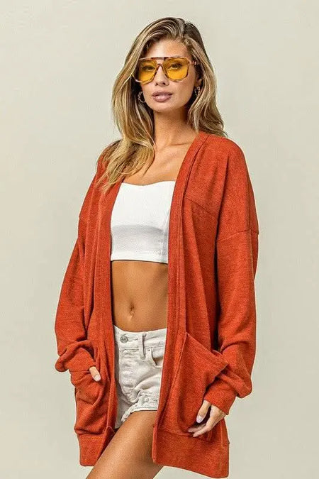 BiBi Open Front Drop Shoulder Cardigan with Pockets - Sleekdenim.com