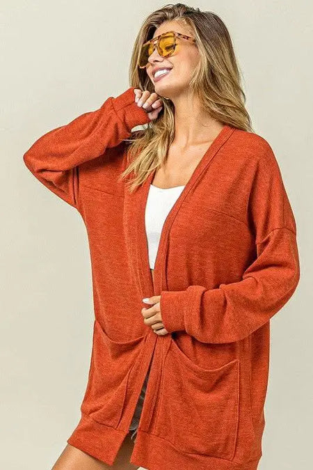 BiBi Open Front Drop Shoulder Cardigan with Pockets - Sleekdenim.com