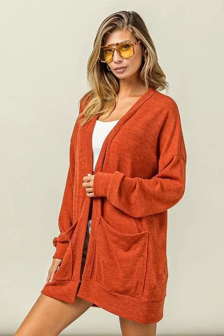 BiBi Open Front Drop Shoulder Cardigan with Pockets - Sleekdenim.com