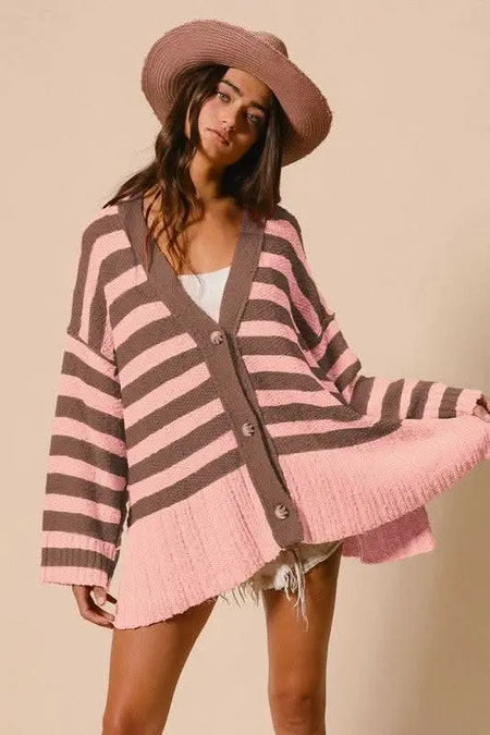 BiBi Slit Striped V - Neck Button Up Cardigan - Sleekdenim.com