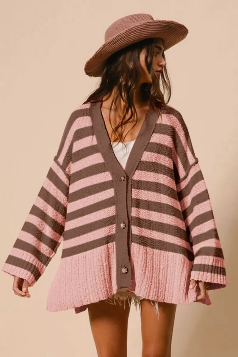 BiBi Slit Striped V - Neck Button Up Cardigan - Sleekdenim.com