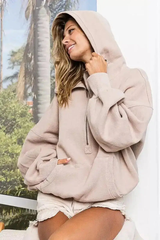 BiBi Stitch Detailed Elastic Hem Half Zip Fleece Hoodie
