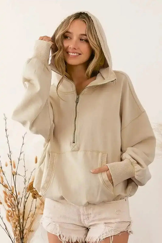 BiBi Stitch Detailed Elastic Hem Half Zip Fleece Hoodie