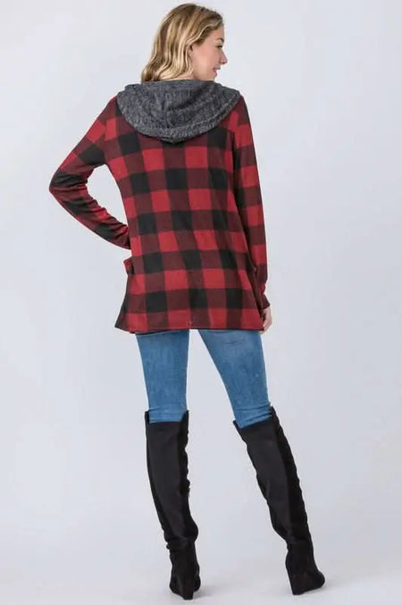 Buffalo Plaid Hooded Cardigan - Sleekdenim.com