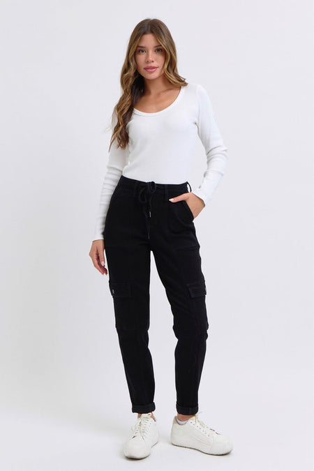 Judy Blue High Waist Cargo Cuff Black Jogger Denim Jeans 88910– sleekdenim.com | Sleekdenim.com