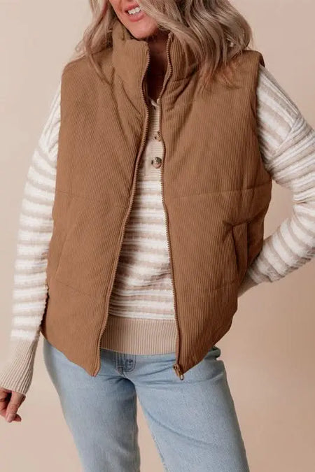 Coffee Corduroy Stand Neck Zipped Puffer Vest - Sleekdenim.com