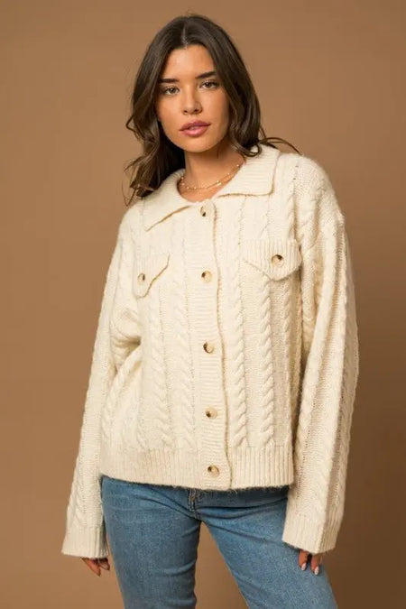 Collared Cable Sweater Cardigan - Sleekdenim.com