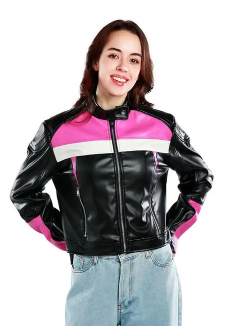 Color Block Faux Leather Biker Jacket - Sleekdenim.com