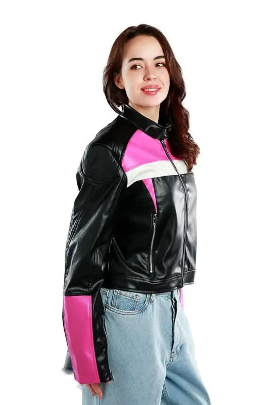 Color Block Faux Leather Biker Jacket - Sleekdenim.com