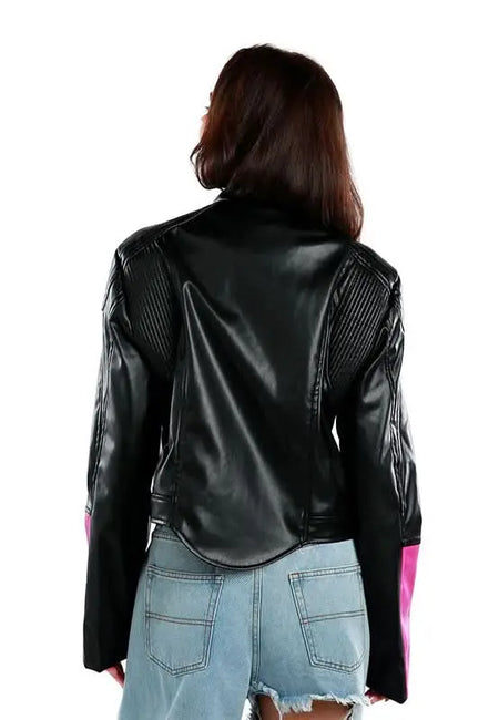 Color Block Faux Leather Biker Jacket - Sleekdenim.com