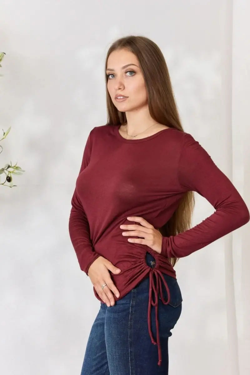 Culture Code Full Size Drawstring Round Neck Long Sleeve Top - Sleekdenim.com