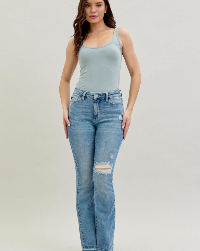 Judy Blue Mid Rise Destroy & Release Hem Bootcut Denim Jeans 88632