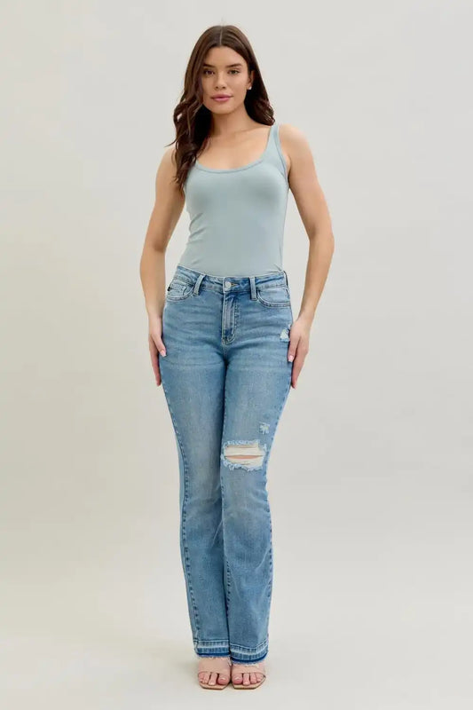Judy Blue Mid Rise Destroy & Release Hem Bootcut Denim Jeans 88632 - Sleekdenim.com