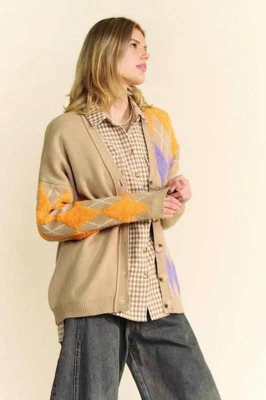 Davi & Dani Argyle V - Neck Dropped Shoulder Cardigan - Sleekdenim.com