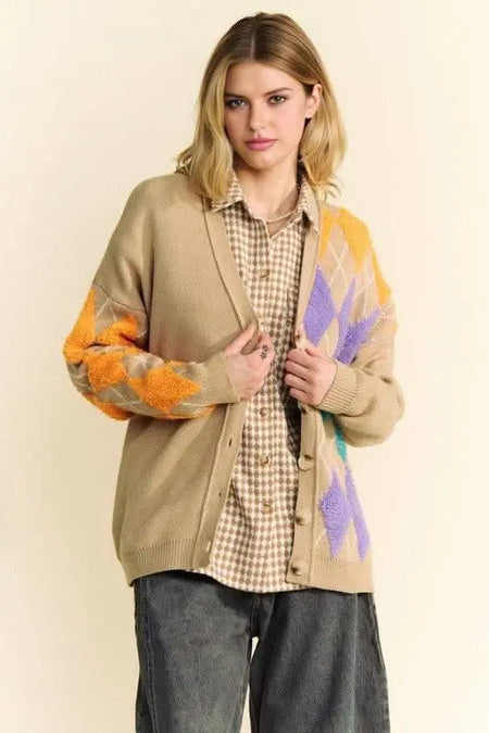 Davi & Dani Argyle V - Neck Dropped Shoulder Cardigan - Sleekdenim.com