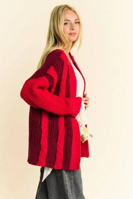 Davi & Dani Cable - Knit Color Block Open Front Cardigan - Sleekdenim.com