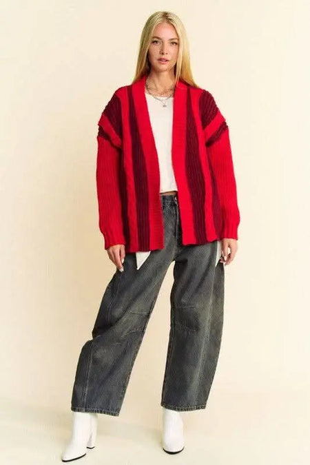 Davi & Dani Cable - Knit Color Block Open Front Cardigan - Sleekdenim.com