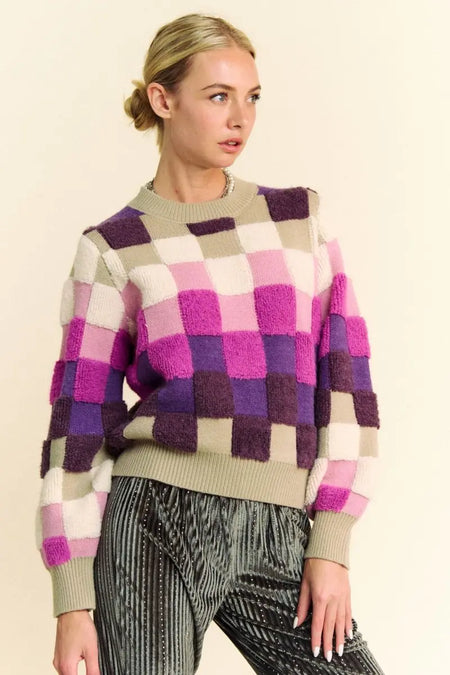 Davi & Dani Checkered Round Neck Long Sleeve Sweater - Sleekdenim.com