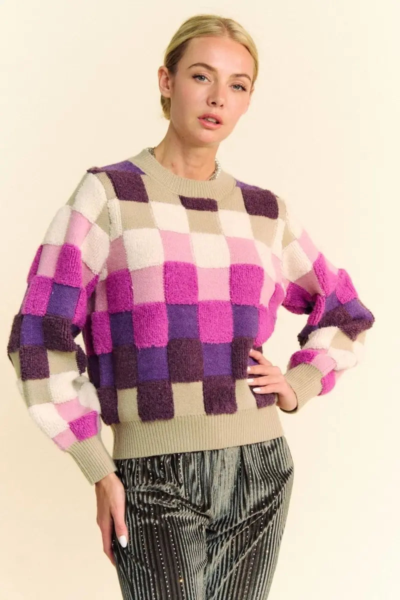 Davi & Dani Checkered Round Neck Long Sleeve Sweater - Sleekdenim.com