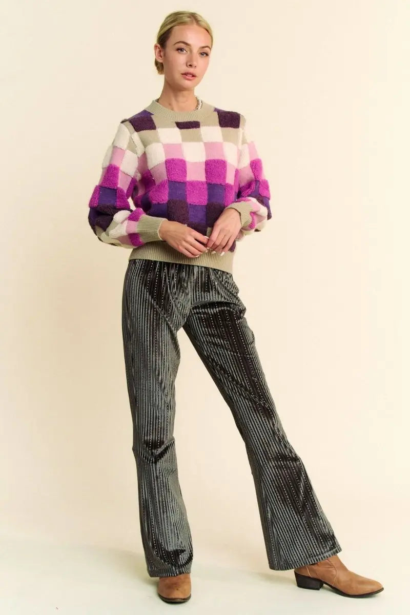 Davi & Dani Checkered Round Neck Long Sleeve Sweater - Sleekdenim.com