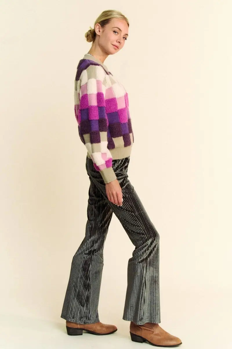 Davi & Dani Checkered Round Neck Long Sleeve Sweater - Sleekdenim.com