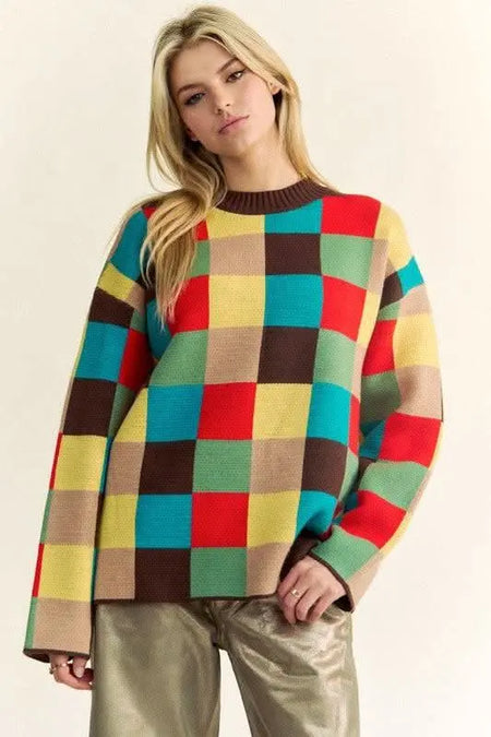 Davi & Dani Color Block Checkered Dropped Shoulder Sweater - Sleekdenim.com