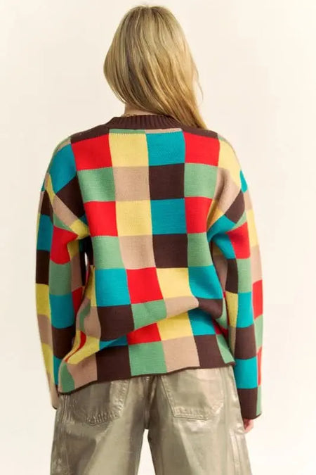 Davi & Dani Color Block Checkered Dropped Shoulder Sweater - Sleekdenim.com