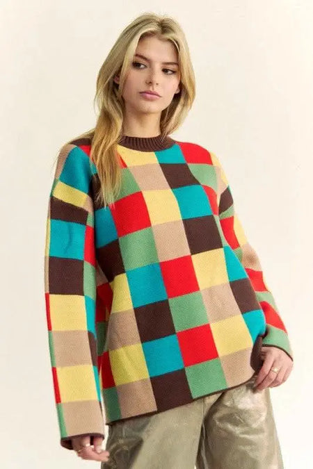 Davi & Dani Color Block Checkered Dropped Shoulder Sweater - Sleekdenim.com