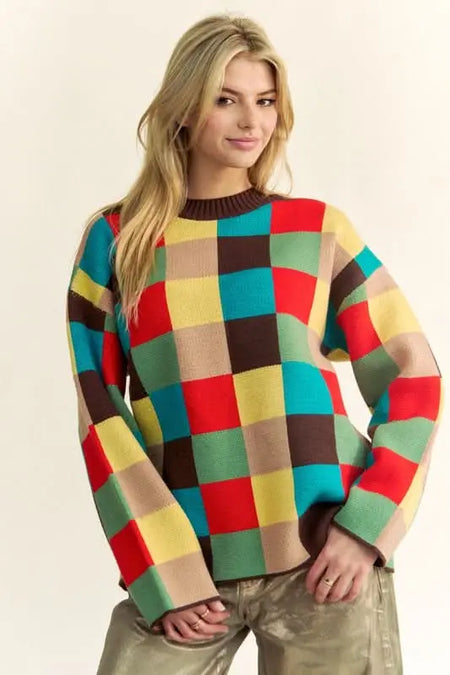 Davi & Dani Color Block Checkered Dropped Shoulder Sweater - Sleekdenim.com