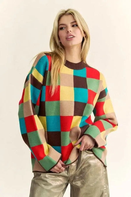 Davi & Dani Color Block Checkered Dropped Shoulder Sweater - Sleekdenim.com