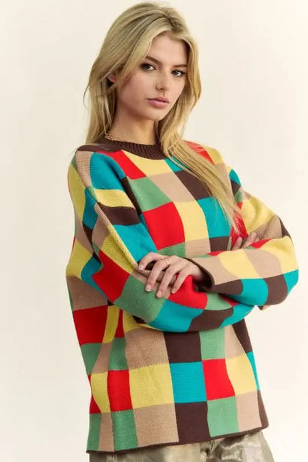 Davi & Dani Color Block Checkered Dropped Shoulder Sweater - Sleekdenim.com