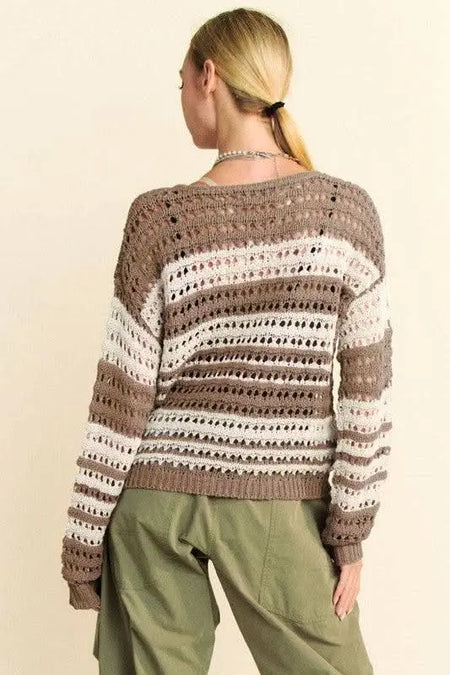 Davi & Dani Contrast Striped Crochet Drop Shoulder Knit Cover Up - Sleekdenim.com