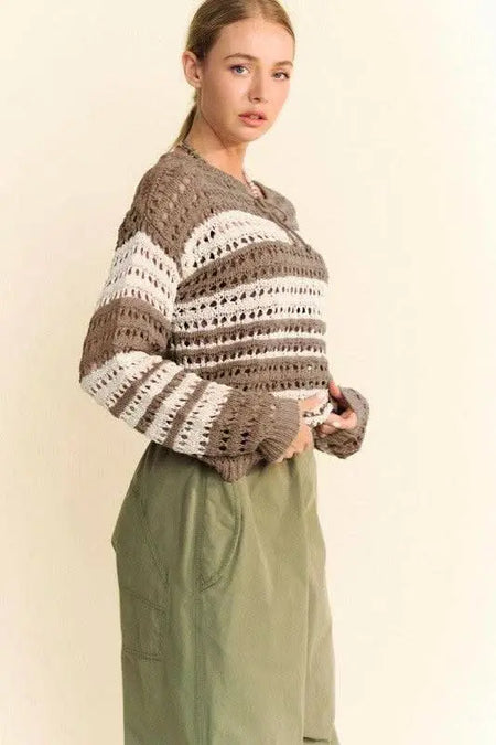 Davi & Dani Contrast Striped Crochet Drop Shoulder Knit Cover Up - Sleekdenim.com