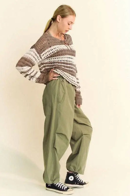 Davi & Dani Contrast Striped Crochet Drop Shoulder Knit Cover Up - Sleekdenim.com