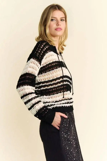 Davi & Dani Contrast Striped Crochet Drop Shoulder Knit Cover Up - Sleekdenim.com