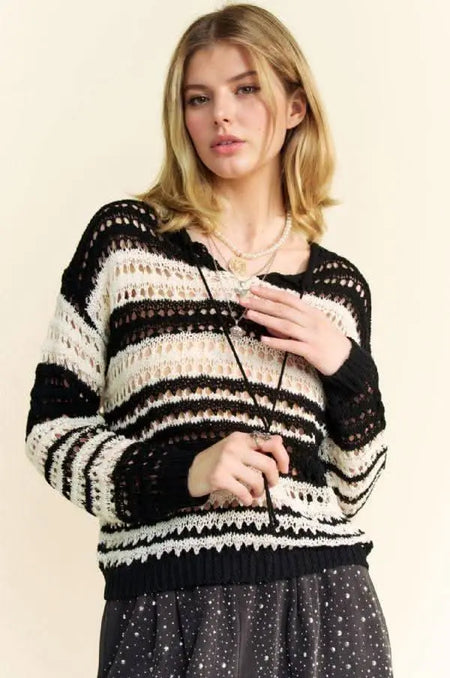 Davi & Dani Contrast Striped Crochet Drop Shoulder Knit Cover Up - Sleekdenim.com